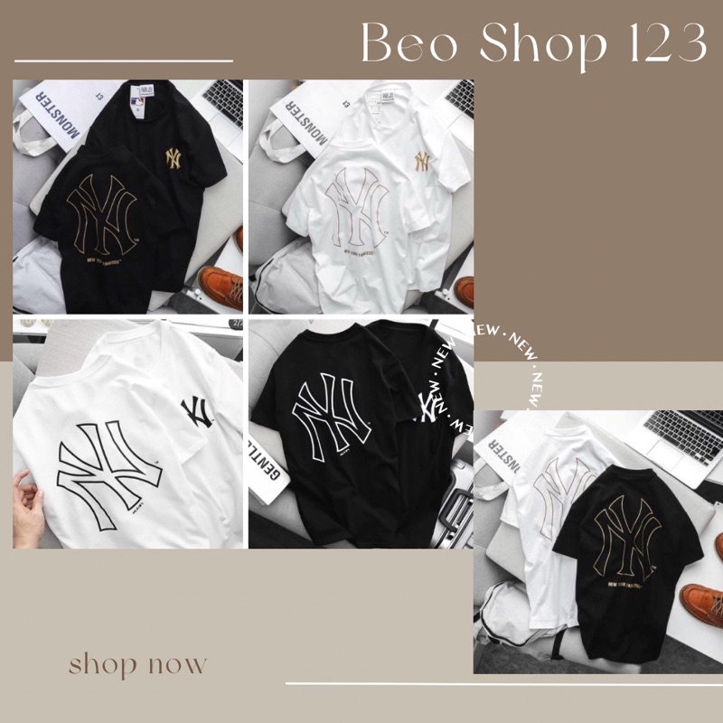 Áo thun cotton NY MLB đen trắng unisex, co giãn, mặc thoải mái, áo đen trắng chữ vàng Béo Shop