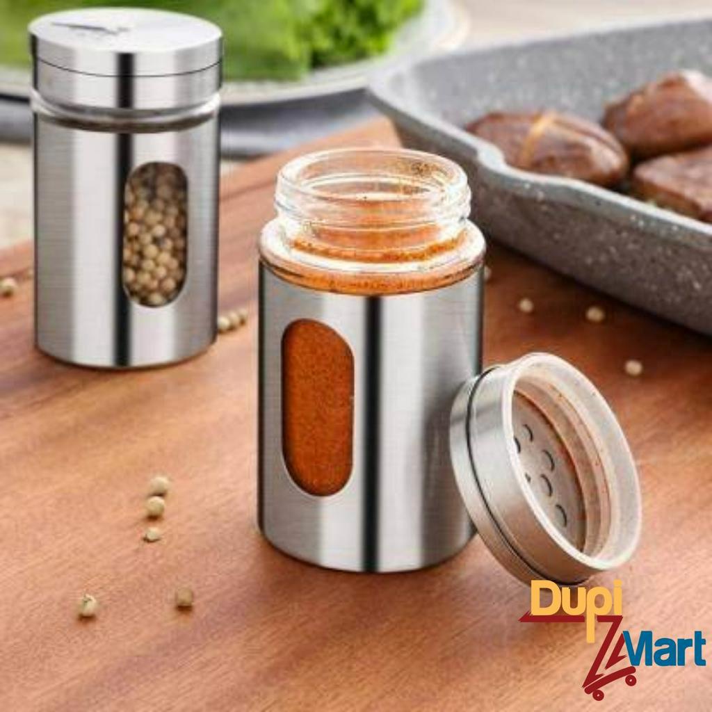 Hũ đựng gia vị nhà bếp - Lọ rắc Tiêu, Muối -  Hũ đựng tăm bằng thủy tinh bọc inox kiểu dán tinh tế sang trọng
