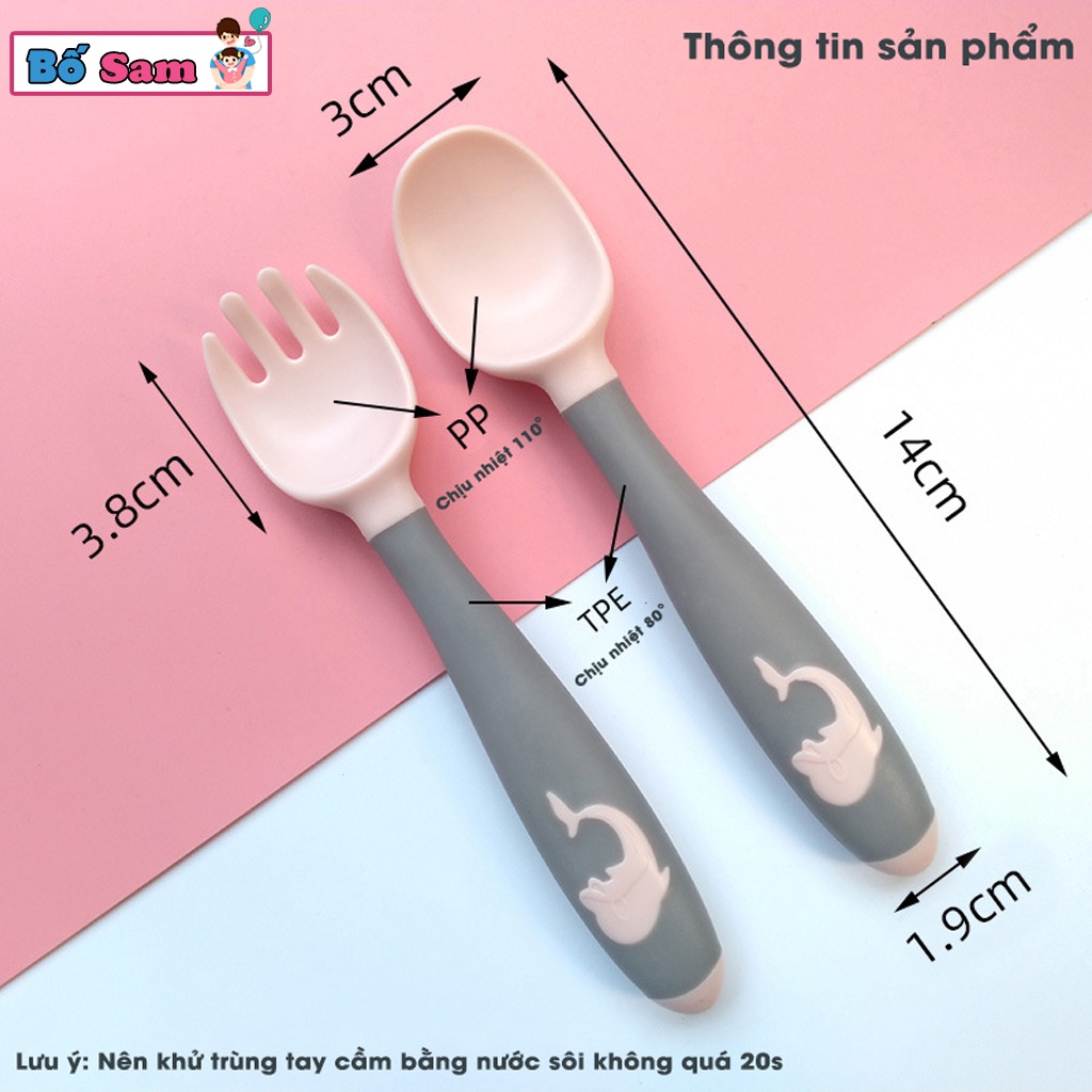 Bộ thìa dĩa cho bé tập xúc uốn cong silicon tay cầm hình cá heo dễ thương Shop Bố Sam