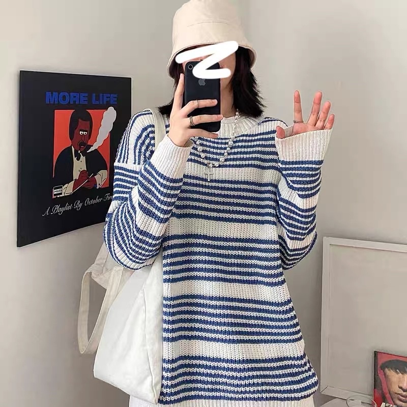 &lt;&lt;Có sẵn&gt;&gt; Áo len sọc dài tay thời trang kiểu Hàn quốc Unisex Nam Nữ