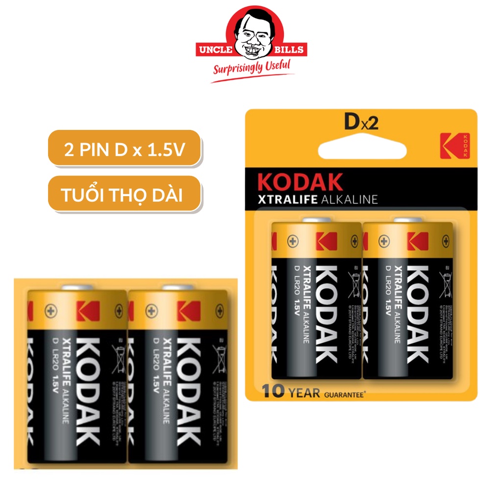 Bộ 2 pin đại Kodak Alkaline D điện thế 1.5V Uncle Bills IB0161 siêu bền hàng nhập khẩu chính hãng pin đèn pin