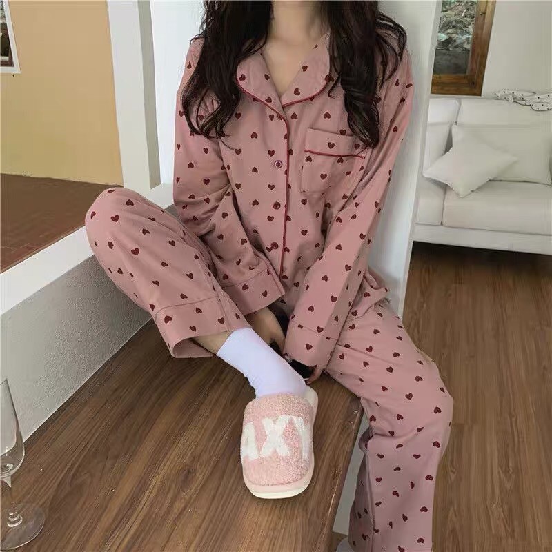 Bộ ngủ/ mặc nhà/ set pijama hồng hình trái tim