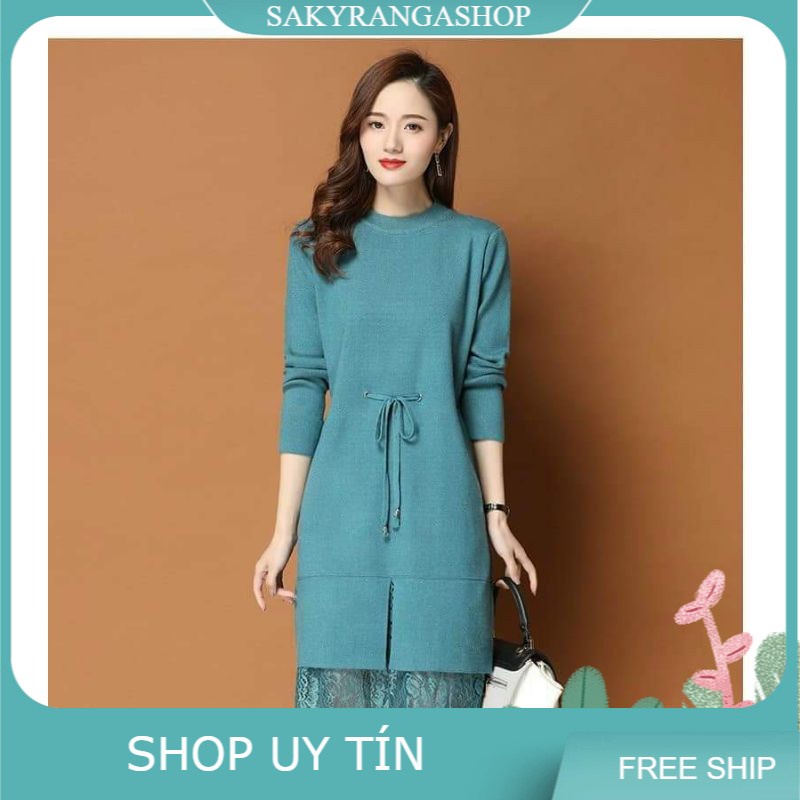 ĐẦM LEN CỔ TRÒN RÚT EO PHỐI REN XINH XẮN