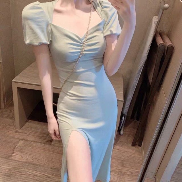 (Order) VÁY THUN BODY TAY BỒNG CỔ VUÔNG XẺ TÀ TÔN DÁNG