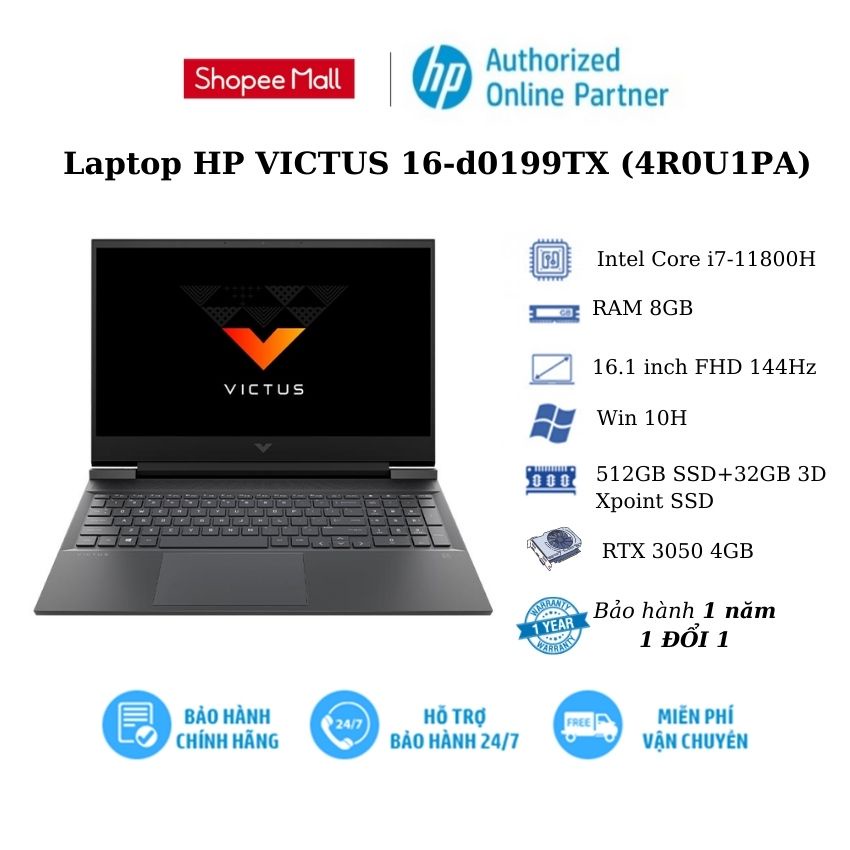 [Mã ELHP15 giảm 10% ] Laptop HP VICTUS 16-d0199TX (4R0U1PA)/ Core i7-11800H/ RAM 8GB/ 512GB SSD/ RTX 3050 4GB/16'