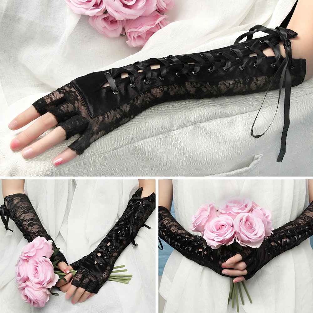 CACTU 1 Pair Women Punk Gothic Mittens Night Club Lace Gloves Halloween Gloves Party Cosplay New Fashion Long Ritual Dance Fingerless Silk Ribbon