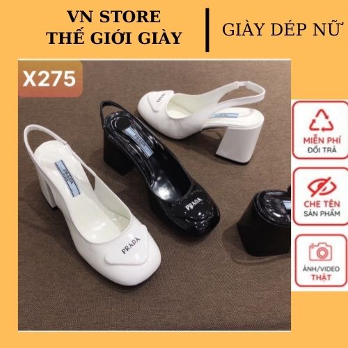 Giày cao gót nữ bít mũi gót vuông 5P khóa Prada Sang xịn ,,