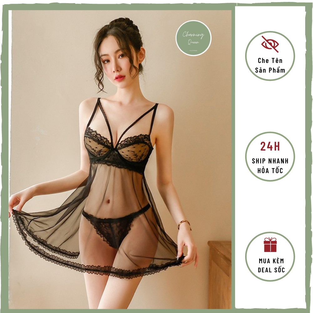 Váy Ngủ Sexy, Đồ Ngủ voan ren 2 dây tim ngực có kèm quần lót lọt khe siêu gợi cảm --CharmingQueen