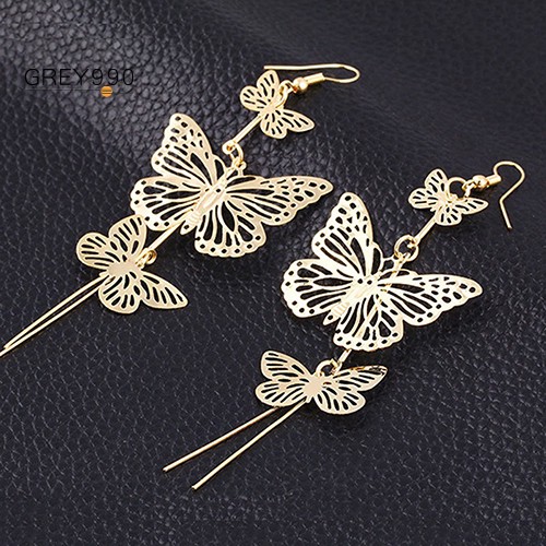 Women Gold Silver Long Drop Butterfly Hook Earrings