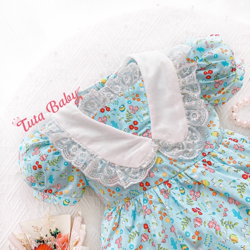 Body Cho Bé Gái Màu Xanh Dương Hoạ Tiết Hoa Nhí Kèm Turban Nơ, Bodysuit Cho Bé 4-11kg
