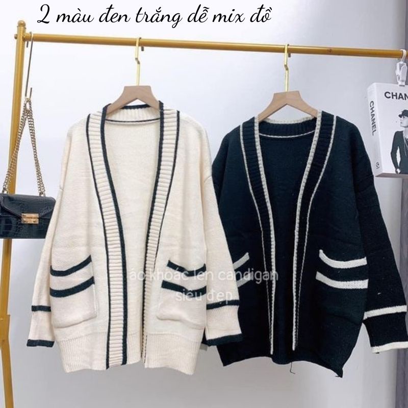Áo len nữ cardigan dệt kim dài tay phối viền bo chun tay form rộng hai màu đen trắng basic FIZANO