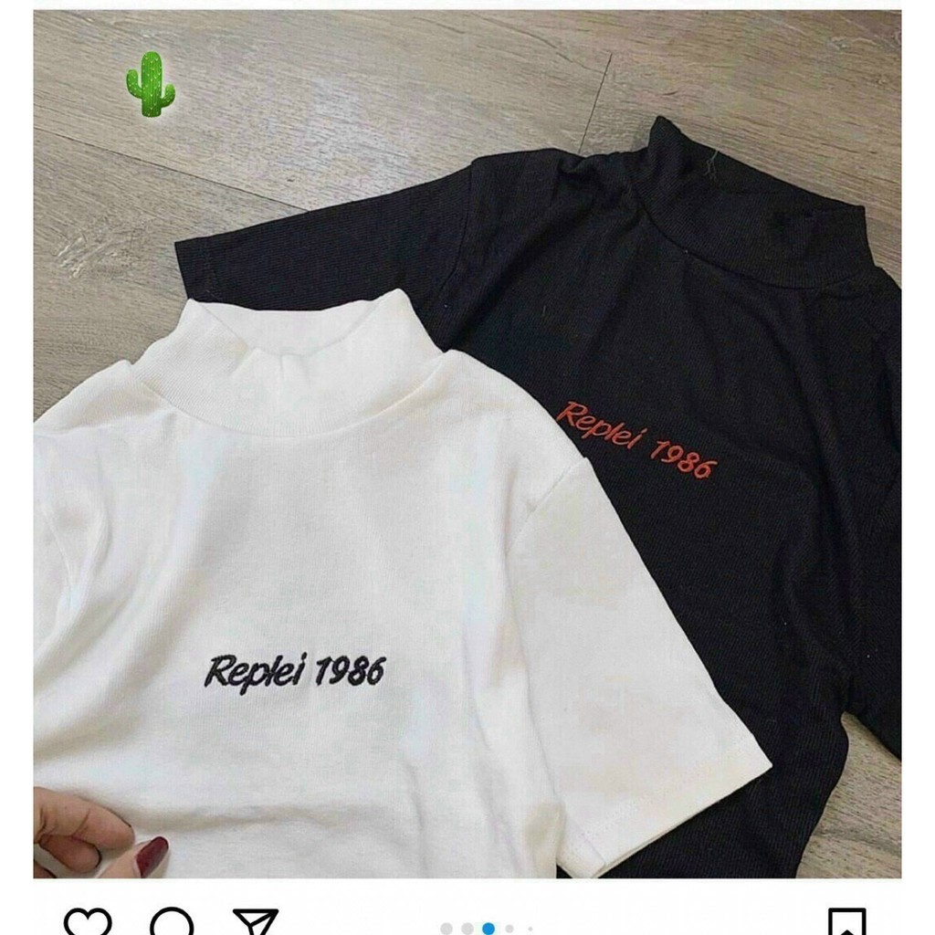 Áo thun pc tay ngắn ôm body cổ lọ chất borip đẹp trước thêu chữ xinh