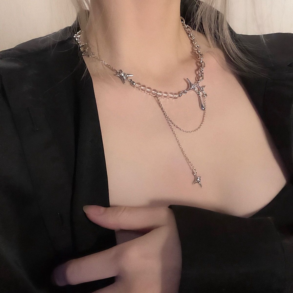 Vòng cổ choker Dodder hình ngôi sao xỏ hạt trong suốt đính đá pha lê tua rua thời trang cho nữ