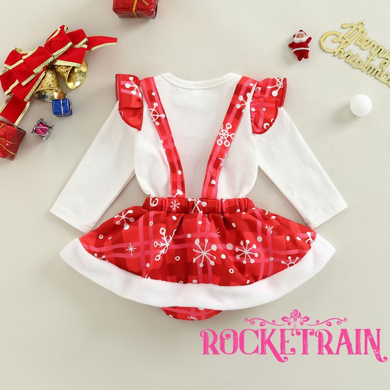 Set Áo Dài Tay Cổ Tròn Liền Quần Lót + Đầm Yếm Họa Tiết Giáng Sinh Cho Bé Gái