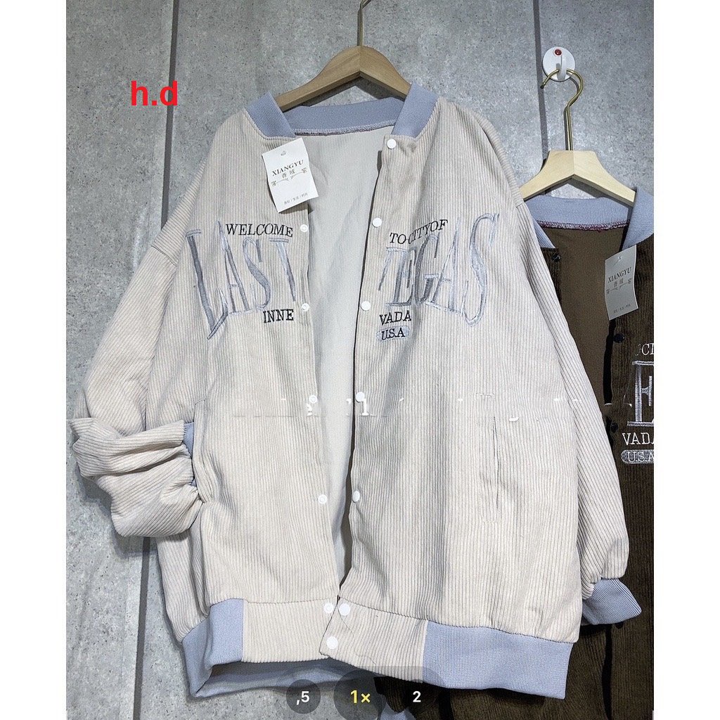 Áo Khoác Nhung Tăm bomber Cao Cấp Unisex Chữ LAS Ulzzang Hàn QUốc