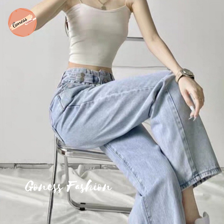 Quần jean nữ Goness ống rộng bò màu xanh cao cấp cạp cao thiết kế cúc lệch cá tính co giãn thời trang QJ19