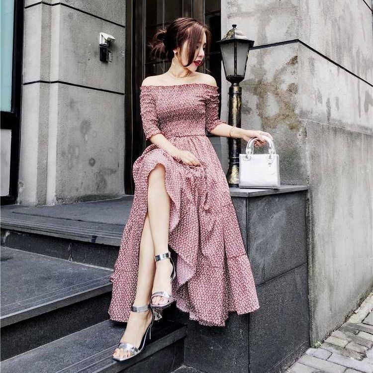 Đầm Maxi Chất Chiffon Hoạ Tiết Hoa Thiết Kế Trễ Vai Nữ Tính