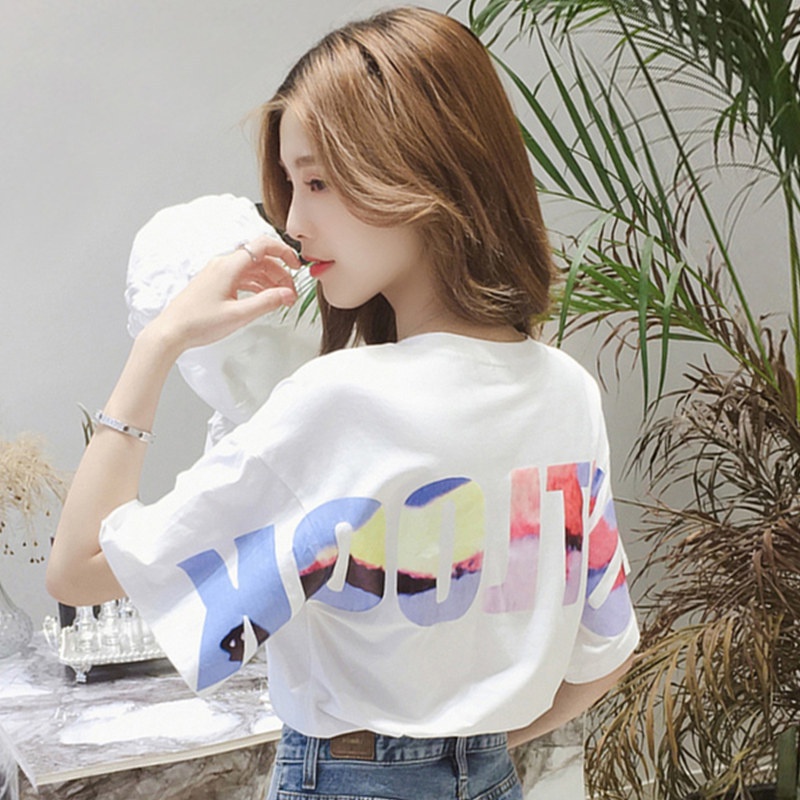 Áo Thun Nữ Ngắn Tay In Chữ Sau Lưng Phong Cách Hàn Quốc