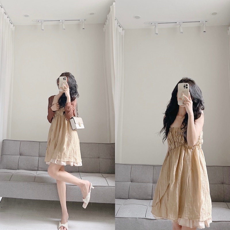 Set váy dây kèm áo cdg tone nâu be siêu hàn quốc Samhyewear