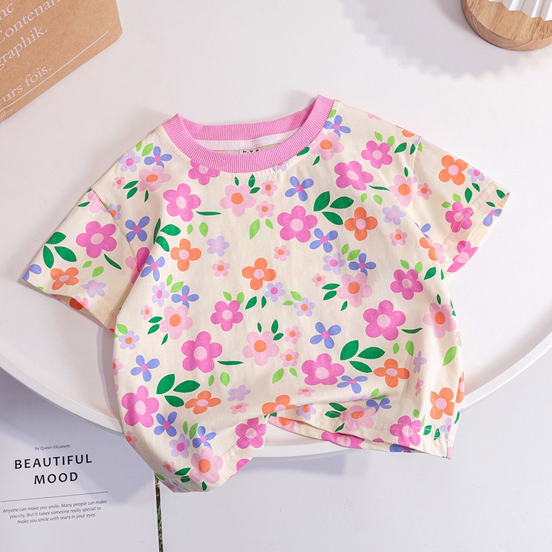 Áo Thun Tay Ngắn Cổ Tròn In Hình Hoa Hồng Bằng Cotton Thời Trang Mùa Hè Dành Cho Bé Gái 2-6 Tuổi