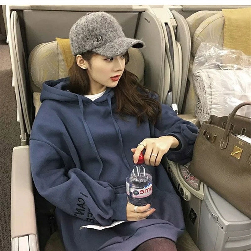 Á́o YEYA có mũ trùm đầu tay dài dáng rộng vải lông cừu mềm phong cách Hàn Quốc cho nữ