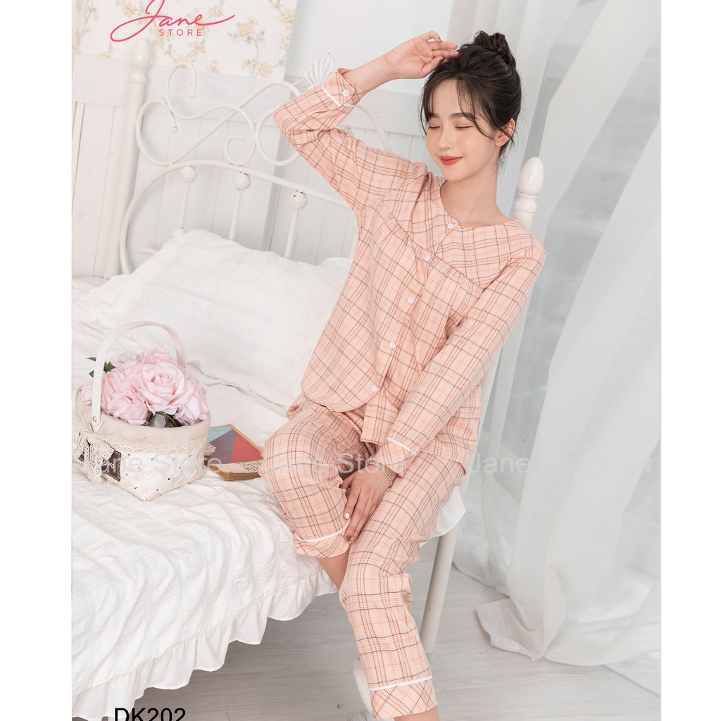 Set đồ ngủ nữ kẻ caro phối né dài tay chất liệu thô hàn thoáng mát thấm hút mồ hôi bộ đồ mặc nhà thoải mái Jane DK20