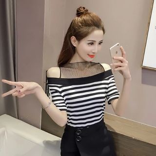 Áo kiểu rớt vai phối lưới Quảng Châu hình thật