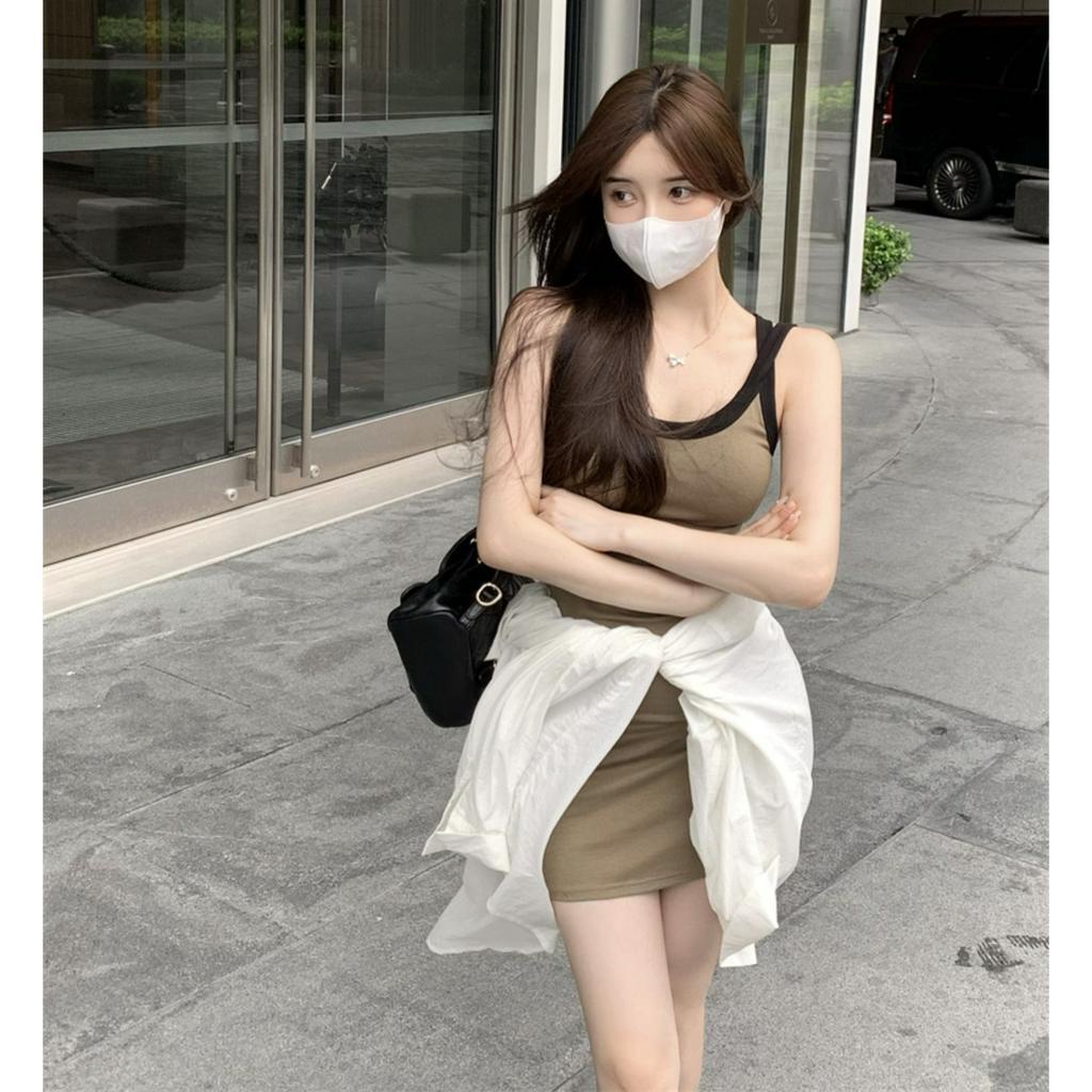 QADCOL Đầm Hai Dây Cổ Chữ U Màu Sắc Tương Phản Quyến Rũ Mùa Hè Cho Bé Gái