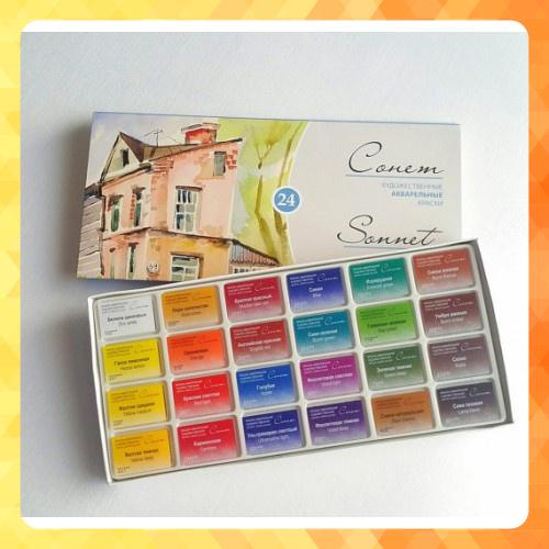 Màu nước nén Sonnet 24 màu hộp giấy tặng kèm giấy baohong