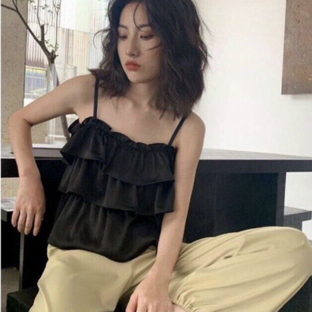 Áo crotop top 2 dây 3 tầng, áo hở lưng hai dây kiểu bánh bèo siêu cute