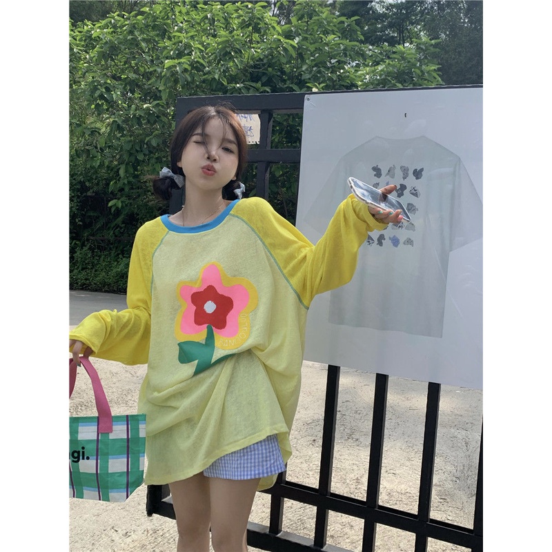 Jiashucheng Áo Thun Tay Dài Chống Nắng Dáng Rộng In Họa Tiết Màu Sắc Retro