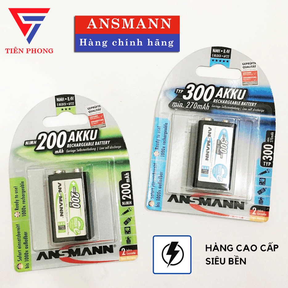 Pin sạc 9v vuông Ansmann 200mAh, 300mAh chính hãng - Vỉ 1 viên