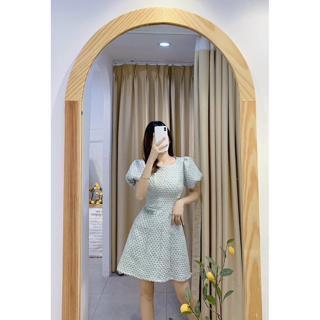 Đầm gấm tay bồng cổ tròn túi thật màu xanh dương xinh xỉu dáng chữ A hàng thiết kế cao cấp