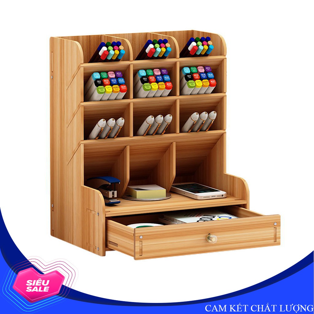 Tủ kệ gỗ văn phòng phẩm, tủ gỗ đựng bút có ngăn kéo (màu nâu gỗ) - B11 - Tủ thời trang Bắc Âu