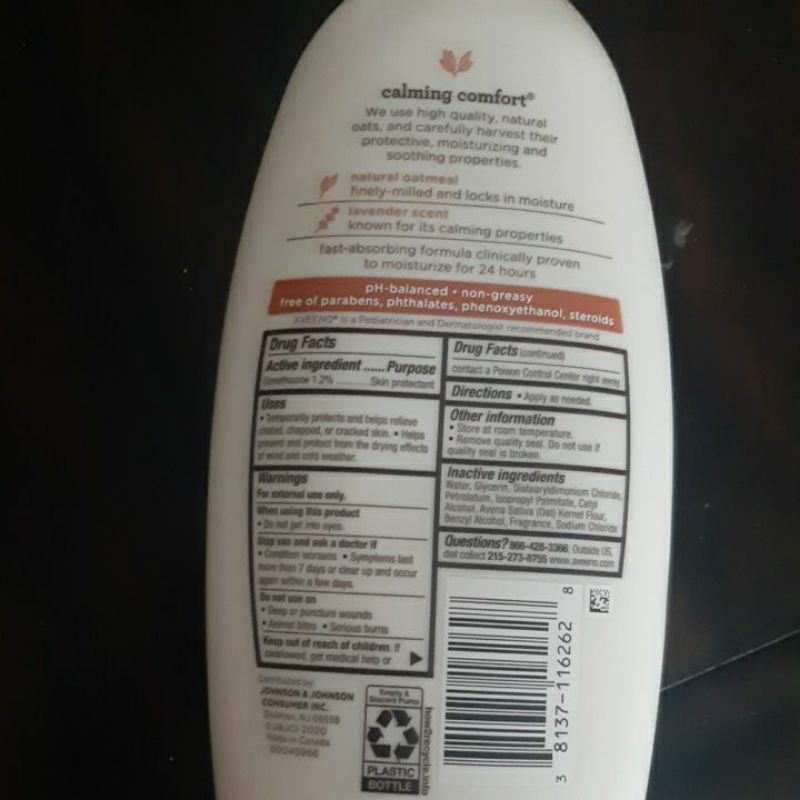 Hsd 31.10.2024.KEM DƯỠNG THỂ CHO BÉ / TẮM LAVENDER Aveeno Baby Calming Comfort Moisturizing Lotion532ml.mẫu mới