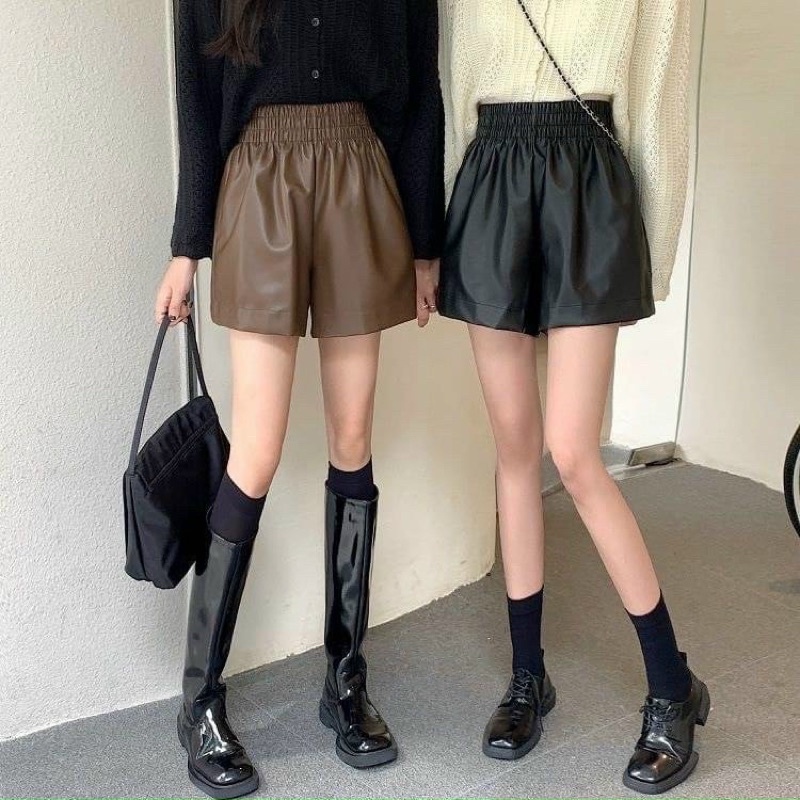 quần short da cạp chun màu đen nâu cho nữ