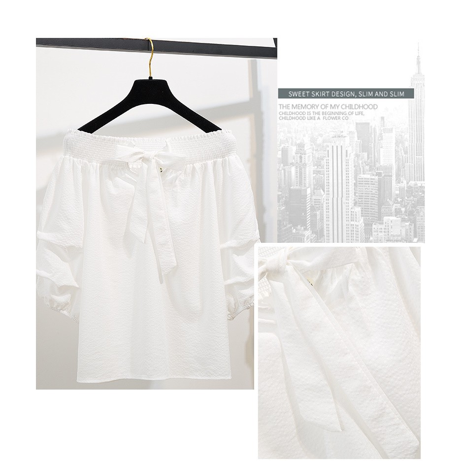 set chân váy bò áo trễ vai phong cách Hàn Quốc vintage