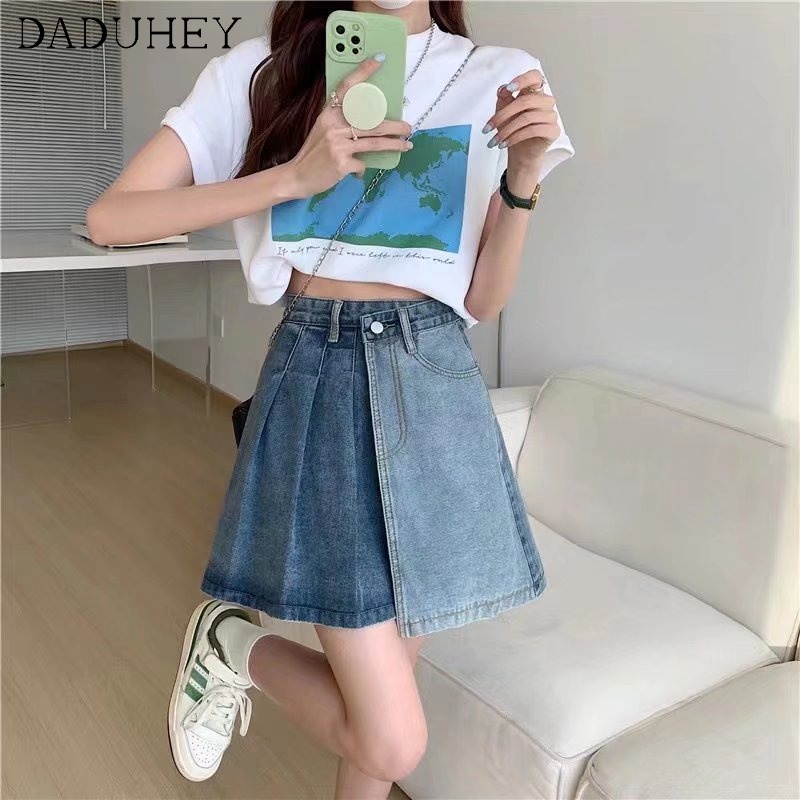 Chân váy Daduhey 2022 thời trang hè có size lớn chất liệu denim dài một nửa bất đối xứng kiểu Hàn Quốc dành cho nữ