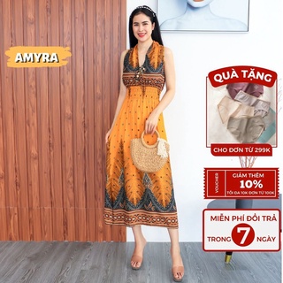 Đầm maxi trung niên thổ cẩm mùa hè AMYRA - Váy maxi dài cho mẹ lanh đi biển, du lịch trẻ trung 2 dây trung niên Mx103