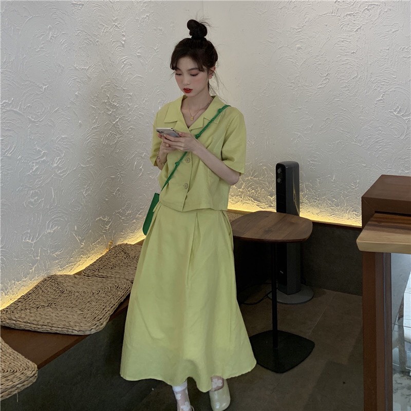 Set váy Retro áo lửng mix chân váy suông dài
