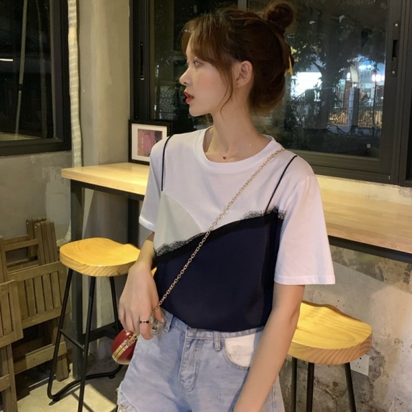 SUXI French Top Splicing Fashion Round Neck Cotton Short Sleeve Women's T-Shirt