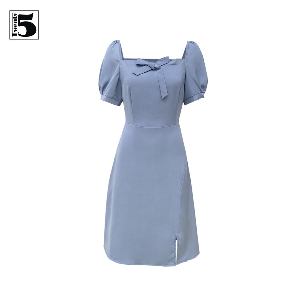 Đầm công sở nữ tay ngắn bồng đính nơ xẻ đùi Twentyfive SD4-425