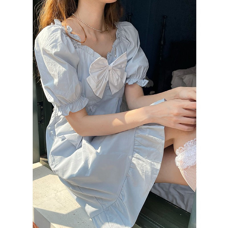 Đầm Ngắn Tay Cổ Chữ V Xinh Xắn Kiểu Pháp Dành Cho Nữ