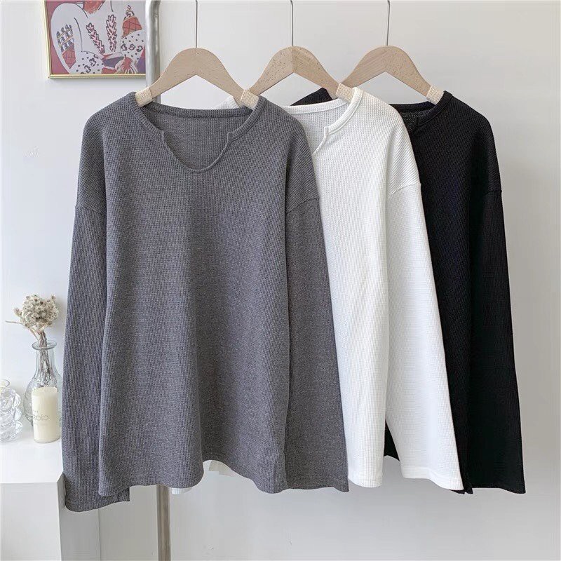 Áo thun dài tay nam nữ vải tổ ong khoét cổ form oversize đen trắng hàn quốc basic mùa thu đông