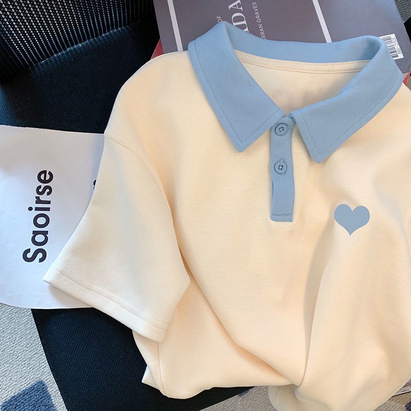 Áo Crop Top Cổ Polo Màu Sắc Tương Phản Preppy