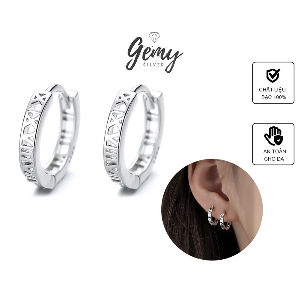 Khuyên tai tròn nam bạc 925 dáng tròn khắc số la mã cá tính, unisex Roman  | GEMY SILVER K146