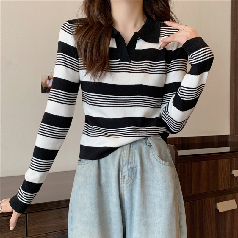 【ZHELIHANGFEI】Áo Thun POLO Dệt Kim Tay Dài Dáng Rộng Họa Tiết Kẻ Sọc Dễ Phối Đồ