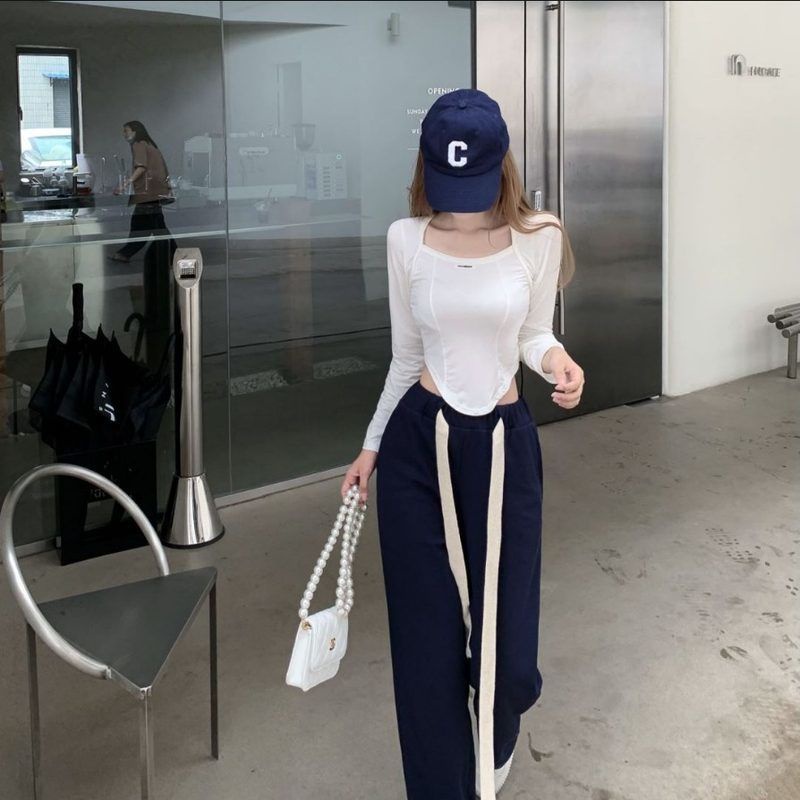 COZOK Set áo tay dài + quần dài lưng cao ống rộng thời trang cho nữ