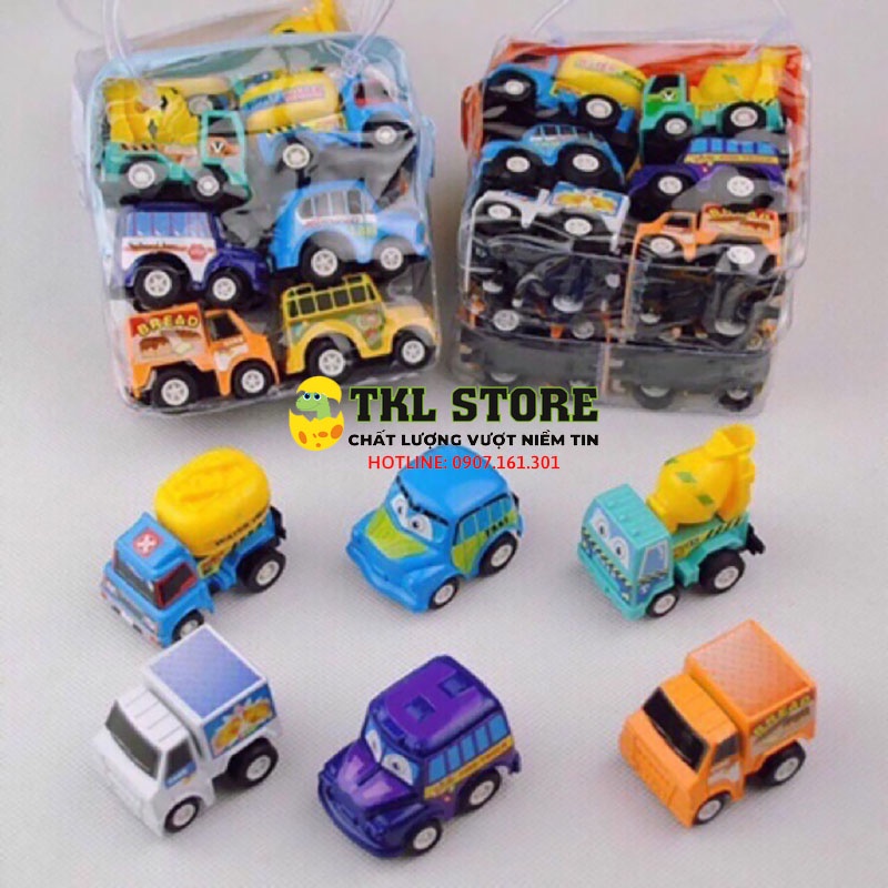 Xe đồ chơi cho bé, bộ 6 xe mini chạy cót nhiều màu sắc cho bé - TKL STORE