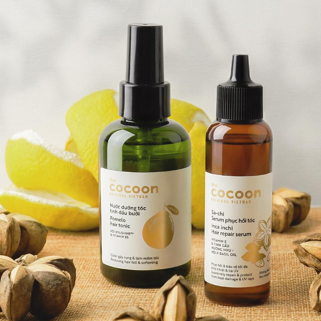 Combo Xịt Tóc Tinh Dầu Bưởi Cocoon 140ml Và Serum Phục Hồi Tóc Sachi Cocoon 70ml